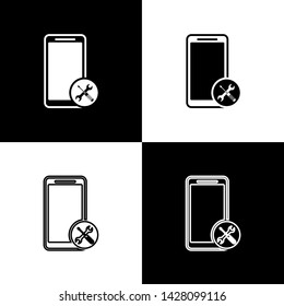 Set Smartphone with screwdriver and wrench icon isolated on black and white background. Adjusting, service, setting, maintenance, repair, fixing.  Vector Illustration