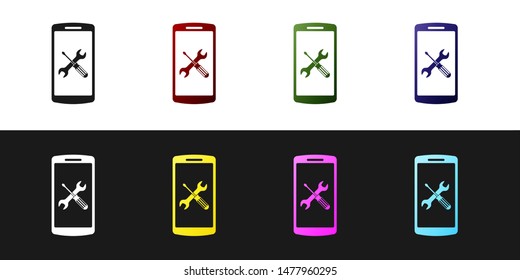 Set Smartphone with screwdriver and wrench icon isolated on black and white background. Adjusting, service, setting, maintenance, repair, fixing.  Vector Illustration