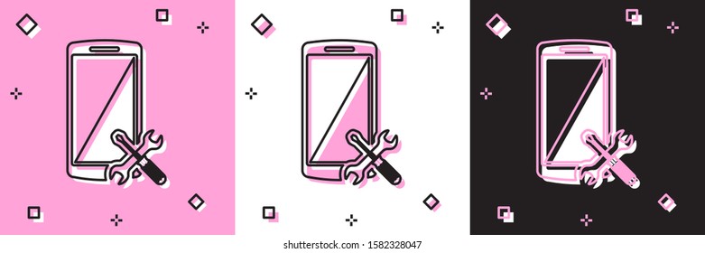 Set Smartphone with screwdriver and wrench icon isolated on pink and white, black background. Adjusting, service, setting, maintenance, repair, fixing.  Vector Illustration