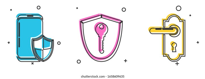 Set Smartphone with security shield , Shield with key  and Door handle  icon. Vector