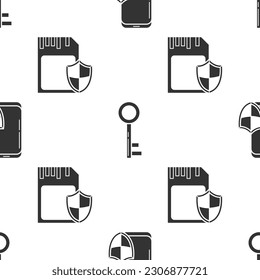 Ajuste Smartphone con protección de seguridad, tarjeta de clave y SD y escudo en un patrón sin fisuras. Vector