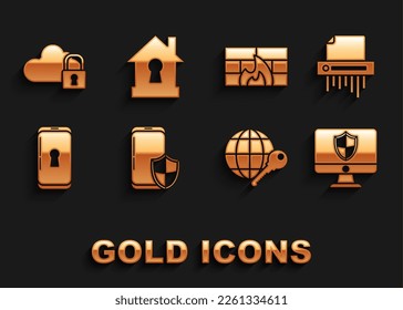 Set Smartphone with security shield, Paper shredder confidential, Computer monitor and, Globe key, lock, Firewall, wall, Cloud computing and House under protection icon. Vector