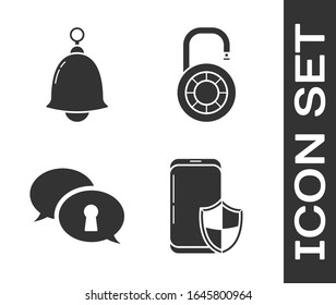 Set Smartphone with security shield , Ringing bell , Protection of personal data  and Safe combination lock wheel  icon. Vector