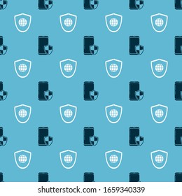 Set Smartphone with security shield  and Shield with world globe  on seamless pattern. Vector