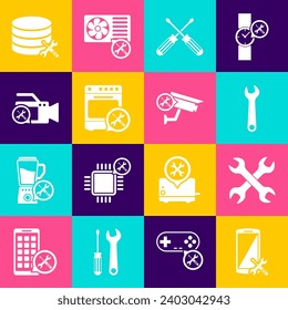 Set Smartphone service, Crossed wrenchs, Wrench, screwdrivers, Oven, Video camera, Database server and Security icon. Vector