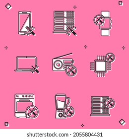 Set Smartphone service, Database server, Smartwatch, Laptop, Radio, Processor, Oven and Blender icon. Vector