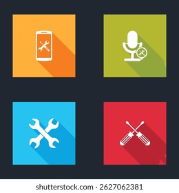 Set Smartphone service, Microphone, Crossed wrenchs and screwdrivers icon. Vector