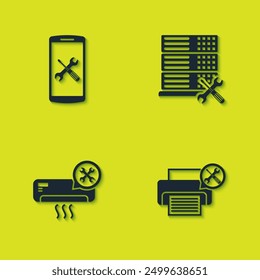 Set Smartphone service, Printer, Air conditioner and Database server icon. Vector