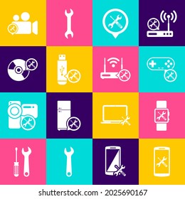Set Smartphone service, Smartwatch, Gamepad, Location, USB flash drive, CD or DVD disk, Video camera and Router wi-fi with icon. Vector
