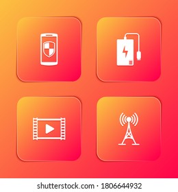 Legen Sie Smartphone mit Schild, Netzbank, Play Video und Antenna Symbol. Vektorgrafik.