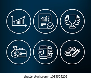 Set of Smartphone sms, Chart and Salary icons. Checked calculation, Winner and Keywords signs. Mobile messages, Presentation chart, Diplomat with money bag. Vector