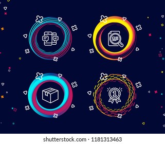 Set of Smartphone sms, Check article and Parcel icons. Reward sign. Mobile messages, Magnifying glass, Shipping box. First place.  Circle banners with line icons. Gradient colors shapes. Vector