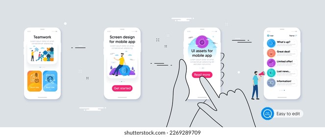 Set of Smartphone sms, Gear and Face id line icons. Phone ui interface. Include Search employee, Mobile like, Ranking stars icons. Inventory cart, Swipe up, Internet web elements. Vector