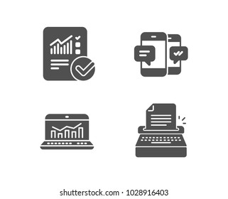 Set of Smartphone sms, Web analytics and Checked calculation icons. Typewriter sign. Mobile messages, Statistics, Statistical data. Writer machine.  Quality design elements. Classic style. Vector