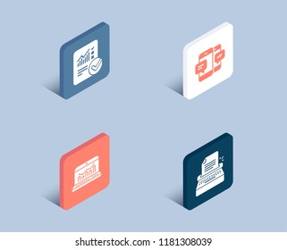 Set of Smartphone sms, Web analytics and Checked calculation icons. Typewriter sign. Mobile messages, Statistics, Statistical data. Writer machine.  3d isometric buttons. Flat design concept. Vector