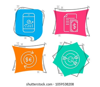 Set of Smartphone statistics, Money currency and Payment icons. Targeting sign. Mobile business, Cash change, Cash money. Target with arrows.  Flat geometric colored tags. Vivid banners. Vector