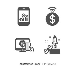 Set of Smartphone statistics, Online shopping and Contactless payment icons. Innovation sign. Mobile business, Black friday, Financial payment. Crowdfunding.  Classic design smartphone statistics icon