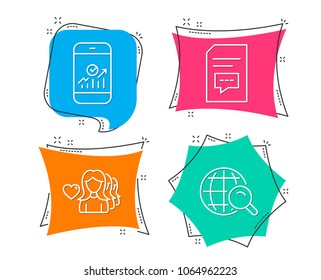 Set of Smartphone statistics, Woman love and Comments icons. Internet search sign. Mobile business, Romantic people, Document with speech bubble. Web finder.  Flat geometric colored tags. Vector