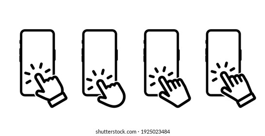 Set of smartphone Touch screen icons. Hand on touch screen smartphone. Click on the smartphone. Smartphone screen with hand touching. Cell Phone with click cursor.