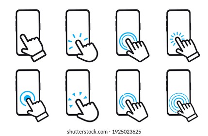 Set of smartphone Touch screen icons. Hand on touch screen smartphone. Click on the smartphone. Smartphone screen with hand touching. Cell Phone with click cursor.