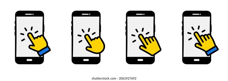 Set of smartphone Touch screen icons. Hand on smartphone. Click on the smartphone. Smartphone screen with hand touching. Cell Phone with click cursor on phone. Pointer arrow on touch screen