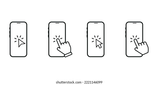 Conjunto de iconos de pantalla táctil para smartphone. Haz clic en el smartphone. Haga clic con la mano en la pantalla táctil. Teléfono celular con el cursor de clic. Pantalla Smartphone con toque manual