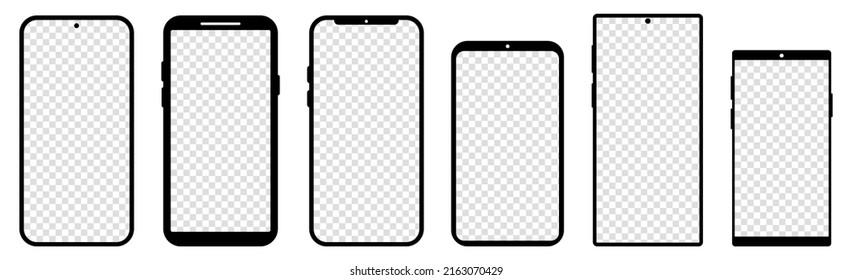 Set Smartphone mit transparenten Bildschirmen. Gerätevorderansicht. Vektorgrafik