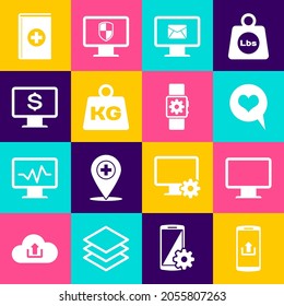 Set Smartphone with upload, Computer monitor screen, Heart in speech bubble, Monitor and envelope, Weight and dollar icon. Vector