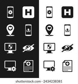 Set Smartphone with upload, Map pointer heart, Setting smartphone, Hospital, Monitor and shield and Invisible hide icon. Vector