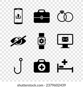 Set Smartphone with upload, Toolbox, Wedding rings, Fishing hook, First aid kit and Hospital bed icon. Vector