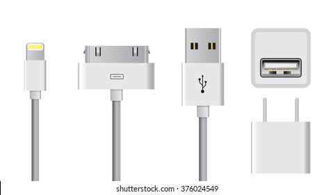 set of smartphone usb charger cable and plugs vector illustrations