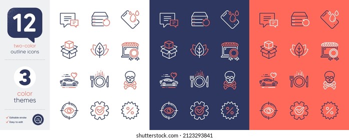 Set of Smartphone waterproof, Food and Discount line icons. Include Comment, Best market, Packing boxes icons. Recovery server, Cogwheel, Organic tested web elements. Eye target. Vector