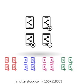 Set of smartphone will share multi color icon. Simple thin line, outline vector of phone icons for ui and ux, website or mobile application