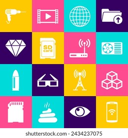 Set Smartphone mit Wireless, Isometrischer Würfel, Klimaanlage, Erdkugel, SD-Karte und Diamant-Symbol. Vektor
