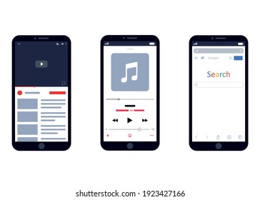 Set Smartphones With Apps On Screens. Video, Music, Browser. Isolated Over White Background. Flat Vector Illustration