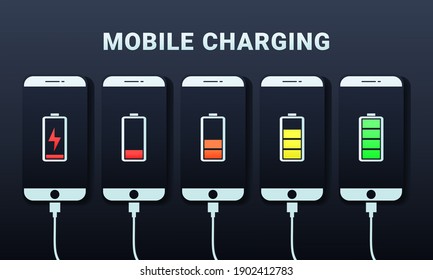 Conjunto de smartphones con indicadores de nivel de carga de batería y con conexión USB. Teléfonos inteligentes móviles cargando. Vector de ilustración
