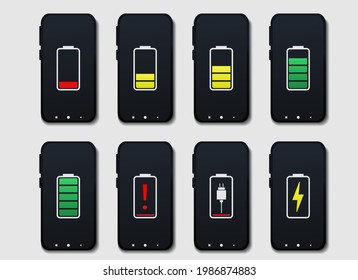 Conjunto de smartphones con indicadores de nivel de carga de batería. Smartphones con batería baja y completa. Teléfonos inteligentes móviles cargando. Batería de smartphone descargada. Vector de ilustración