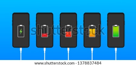 Set of smartphones with battery charge level indicators and with USB connection. Discharged and fully charged battery smartphone. Vector stock illustration.