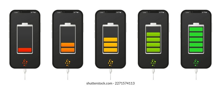 Conjunto de smartphones con carga de batería. Pantalla de teléfono móvil con indicadores de batería completos, medios y bajos. Acumuladores de electricidad. Señal de electricidad. Alambre de carga. Ilustración del vector