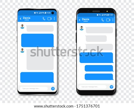 Set of smartphones with blank chat messenger. Template with message bubbles in smartphone