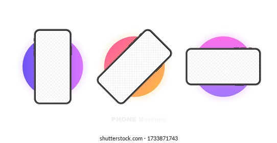 Set smartphones blank screen with rotate position. Phone mockup. Template for infographics, presentation or mobile app. UI interface design. Modern vector illustration.