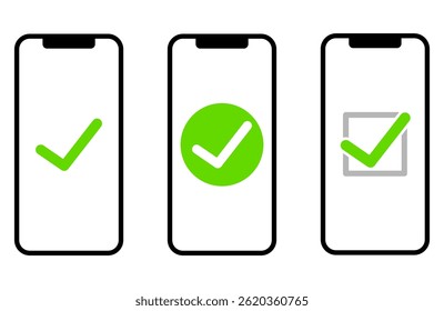 Set of smartphones with check mark on screen