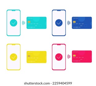 Set of smartphones with credit cards. Vector flat illustration
