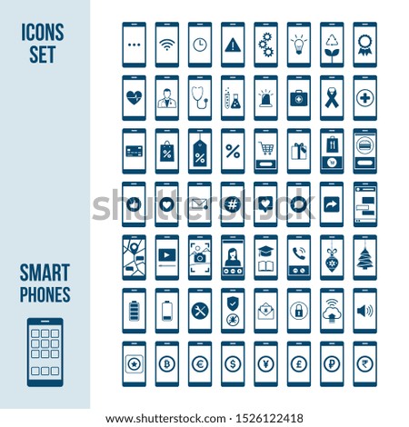 Set of smartphones with different apps and icons: shopping, finance, social media, healthcare, education and notifications