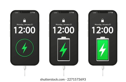 Un conjunto de smartphones con diferentes diseños de carga.Pantalla de teléfono móvil con indicadores de batería completos, medios y bajos. Acumuladores de electricidad. Señal de electricidad. Alambre de carga. Ilustración del vector