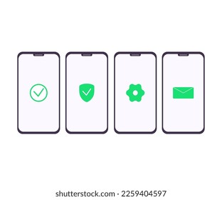 Set of smartphones with icons. Vector flat illustration
