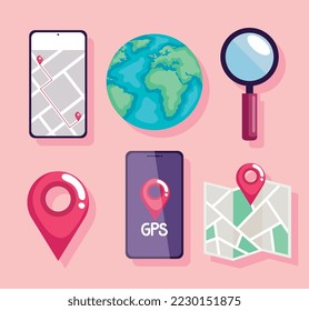 set of smartphones and location icons
