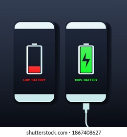 Conjunto de smartphones con batería baja e indicadores de batería completa con conexión USB. Batería de smartphone descargada y totalmente cargada. Vector de ilustración