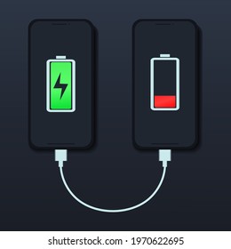 Set of smartphones with low battery and full battery indicators with USB connection. Discharged and fully charged smartphone battery.  Transfer energy. Illustration vector