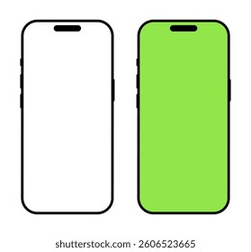 Set of smartphones. Mobile phone with green screen mockup. Gadget flat symbol. Device front view minimal icon. Simple sign for website design, ui, mobile apps. Blank smart phone screen frame templates